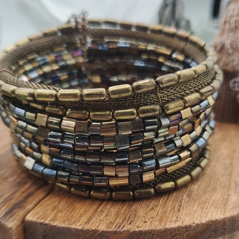 Gold Tone Chunky Beaded Cuff Bracelet Stacked Look Overflow